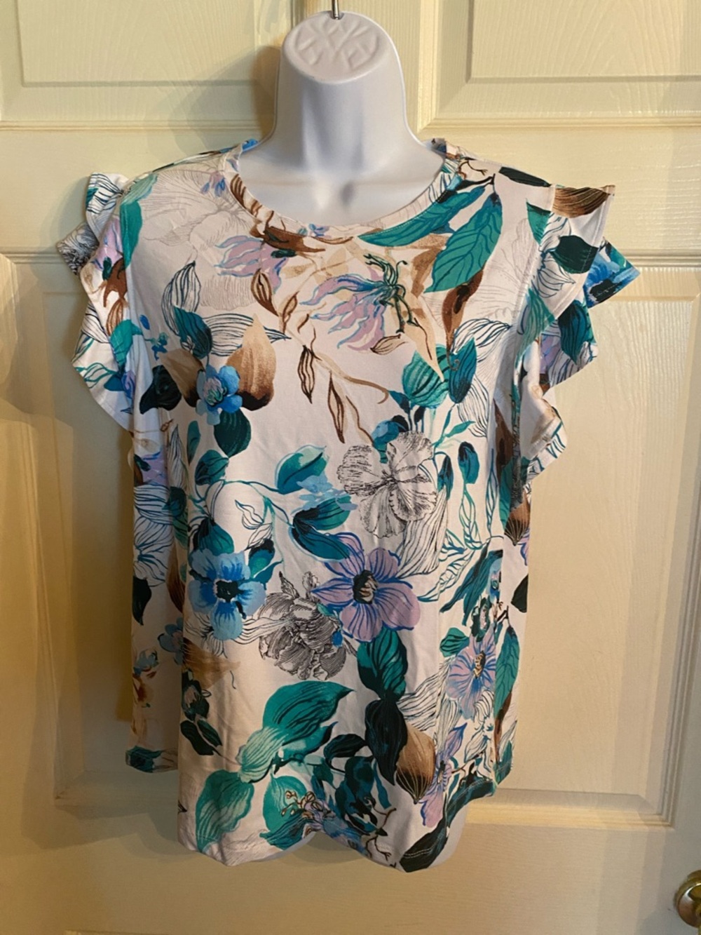Chico's Teal, Turquoise and Brown Floral Ruffle Sleeve Top